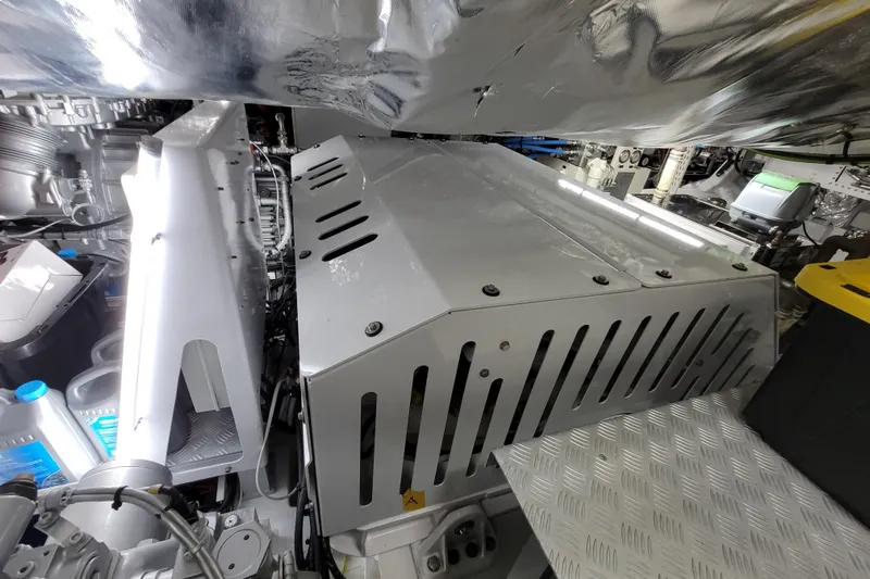 Nana I Yacht Photos Pics Engine room of 2020 Mangusta 110 Open yacht, featuring modern machinery and equipment.