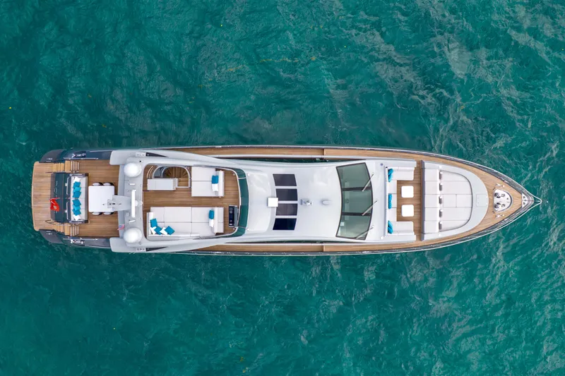 Nana I Yacht Photos Pics Aerial view of 2020 Mangusta 110 Open yacht on turquoise water.