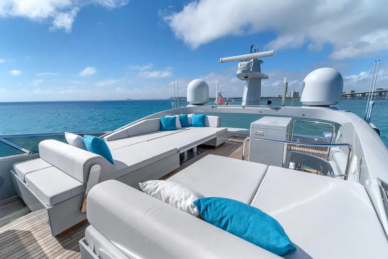 Nana I Yacht Photos Pics Luxurious 2020 Mangusta 110 Open yacht deck with plush seating and ocean view.