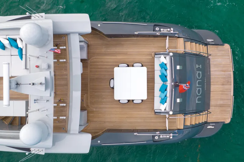 Nana I Yacht Photos Pics Aerial view of 2020 Mangusta 110 Open yacht with elegant deck and seating area.