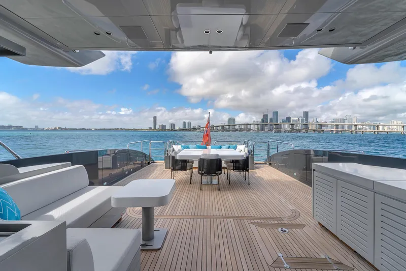 Nana I Yacht Photos Pics Luxurious 2020 Mangusta 110 Open yacht deck with city skyline view.