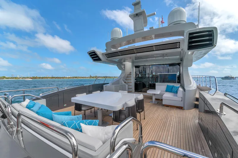 Nana I Yacht Photos Pics Luxurious 2020 Mangusta 110 Open yacht deck with elegant seating and ocean view.