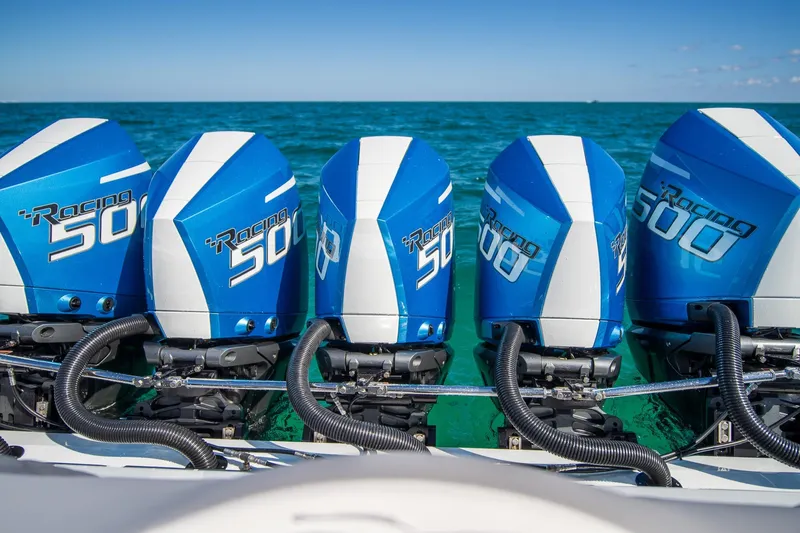 Yacht Photos Pics Five blue Racing 500 outboard motors on a 2023 MTI 50v boat.