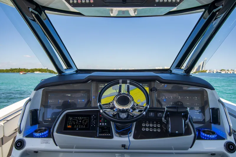  Yacht Photos Pics Cockpit view of 2023 MTI 50v boat with advanced navigation system.