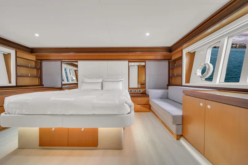 Hope Yacht Photos Pics Luxurious 2011 Ferretti Yachts 660 bedroom with elegant wood finishes and ocean view.