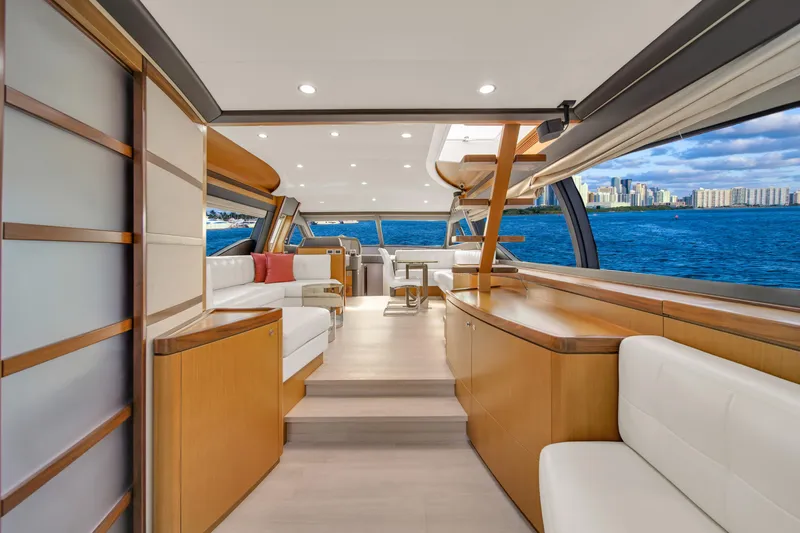 Hope Yacht Photos Pics Luxurious interior of 2011 Ferretti Yachts 660 with ocean view and modern furnishings.
