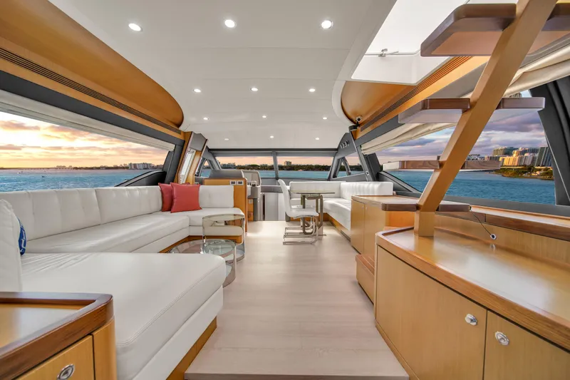 Hope Yacht Photos Pics Luxurious interior of 2011 Ferretti Yachts 660 with elegant seating and ocean view.