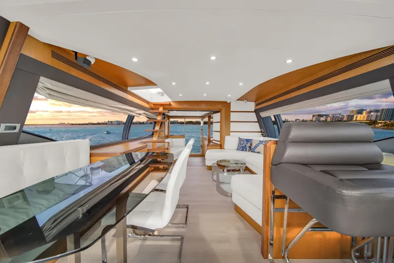 Hope Yacht Photos Pics Luxurious interior of 2011 Ferretti Yachts 660 with modern furnishings and ocean view.