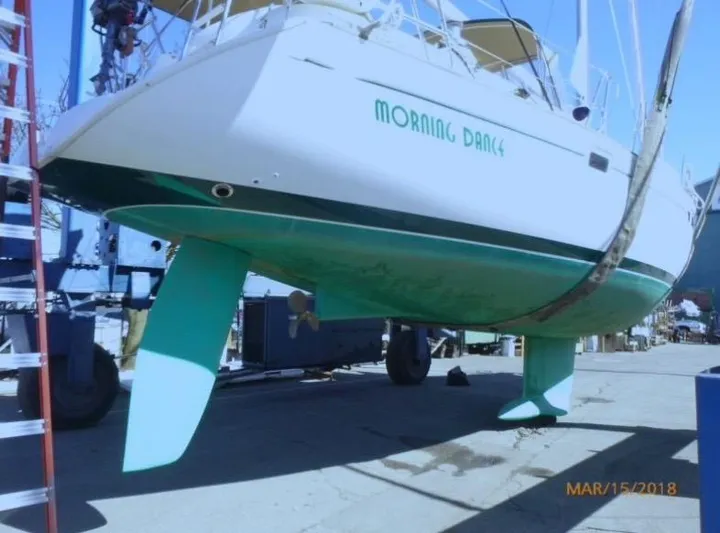 Morning Dance Yacht Photos Pics Beneteau 461 sailboat, 2000 model, named Morning Dance in dry dock for maintenance.