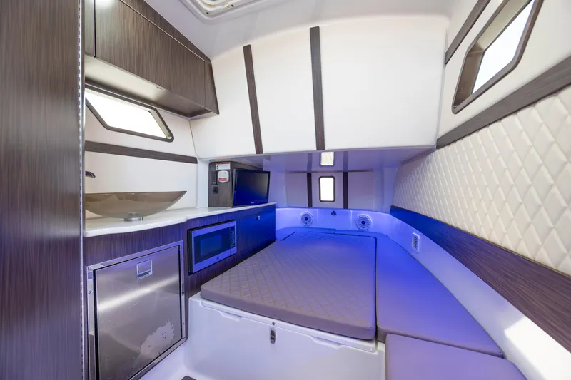  Yacht Photos Pics 2021 Edgewater 370CC cabin interior with modern amenities and stylish design.