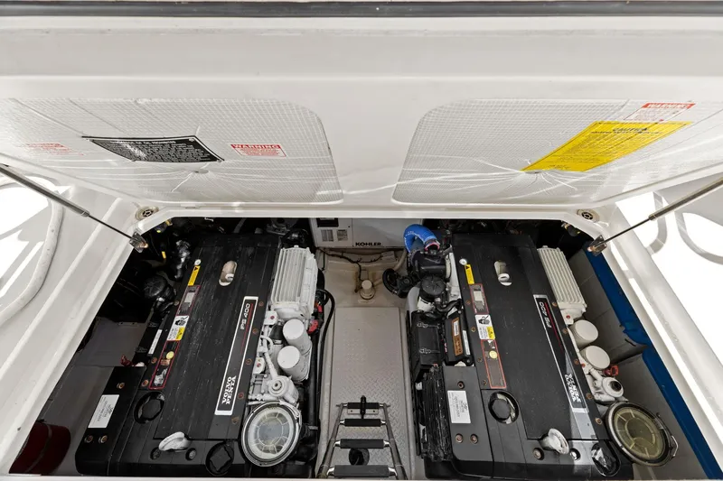 Five O'clock Yacht Photos Pics Engine compartment of 2013 Sabre 38 Salon Express with dual Volvo Penta engines.