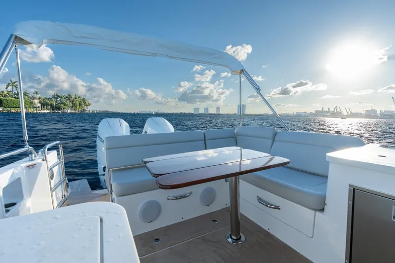 In-stock 2026 Mjm 3-053 Yacht Photos Pics Luxury MJM 3 boat interior, 2026 model, with ocean view and sunny sky.