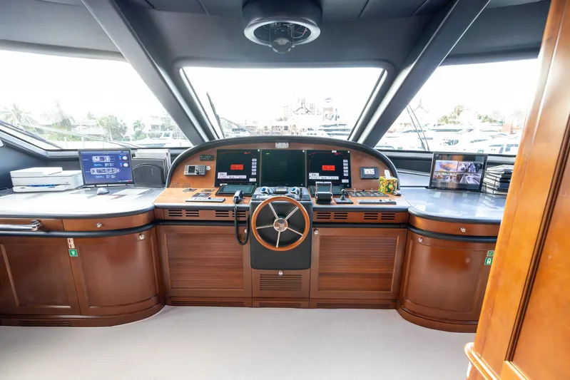 Benetti Classic Yacht Photos Pics Cockpit of 2008 Benetti Classic yacht with wooden finish and modern navigation equipment.