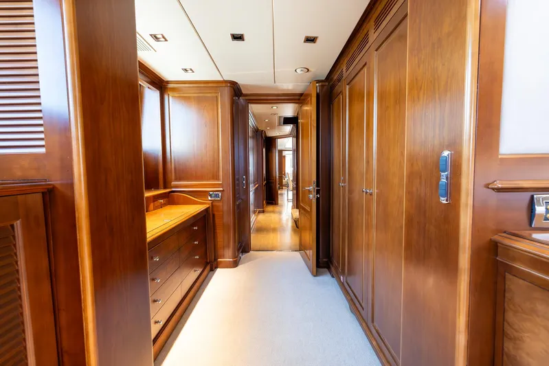 Benetti Classic Yacht Photos Pics Luxurious wooden interior hallway of a 2008 Benetti Classic yacht.