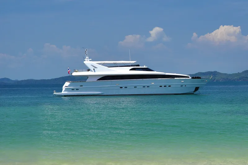 Celebrity Yacht Photos Pics Luxury 2001 Ses Yachts custom yacht on serene ocean waters.