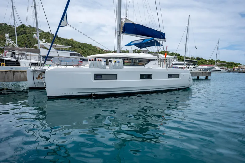 Starry Night Yacht Photos Pics 2022 Lagoon 46 catamaran docked in a marina, surrounded by other boats.