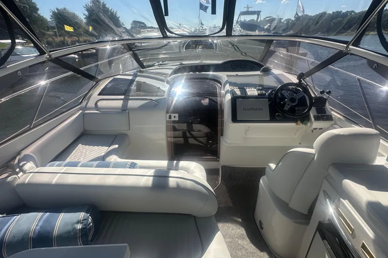  Yacht Photos Pics Cockpit view of 2006 Fairline Targa 40 yacht with Garmin navigation system.