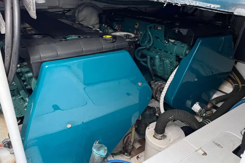  Yacht Photos Pics Engine compartment of a 2006 Fairline Targa 40 yacht, showcasing dual engines.