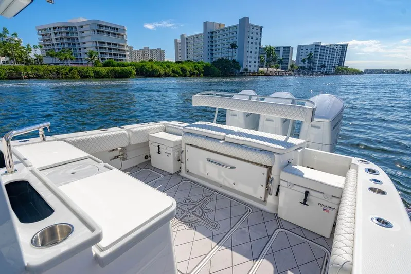  Yacht Photos Pics 2024 HCB 42 Lujo boat interior with luxurious seating and ocean view.