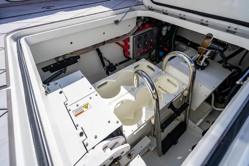  Yacht Photos Pics Engine compartment of 2024 HCB 42 Lujo boat, showcasing mechanical components and controls.