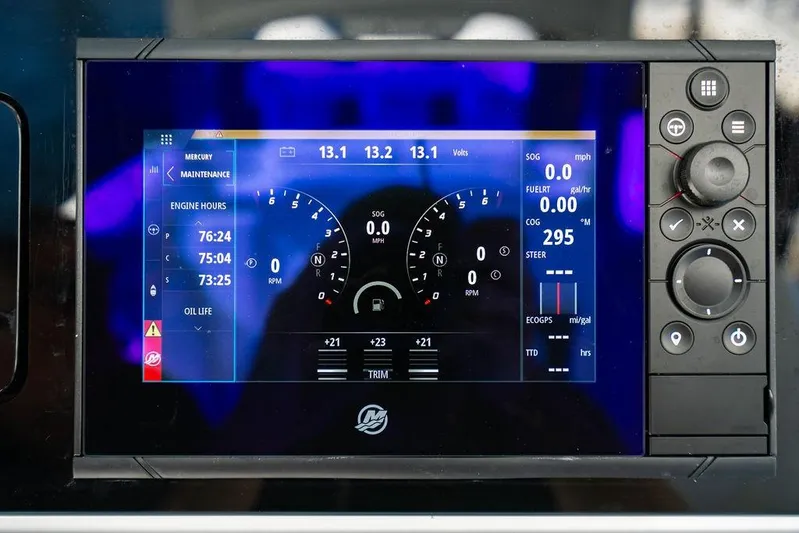  Yacht Photos Pics Dashboard display of 2024 HCB 42 Lujo boat showing engine metrics and controls.