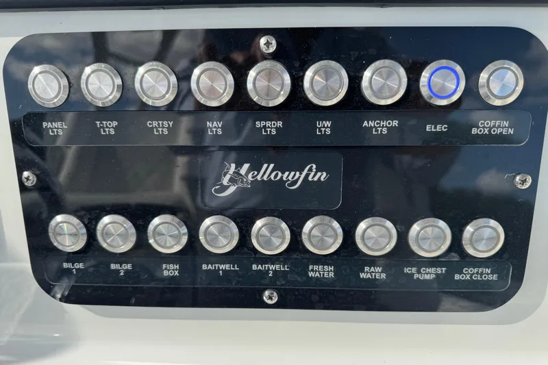  Yacht Photos Pics Control panel of a 2020 Yellowfin 36 Offshore boat with labeled buttons.