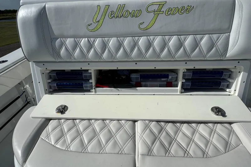  Yacht Photos Pics 2020 Yellowfin 36 Offshore boat with "Yellow Fever" embroidered seat and storage compartments.