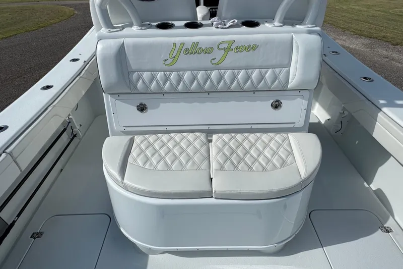  Yacht Photos Pics 2020 Yellowfin 36 Offshore boat interior with "Yellow Fever" embroidered seating.