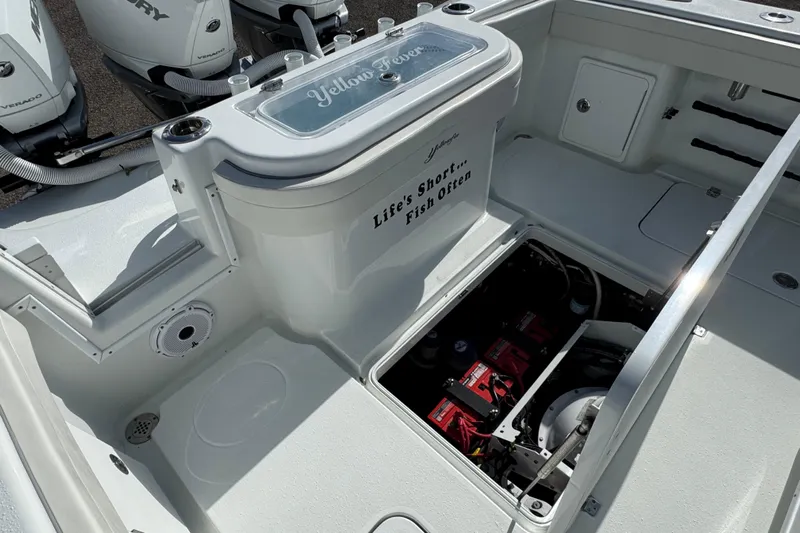  Yacht Photos Pics 2020 Yellowfin 36 Offshore boat interior with storage and Mercury engines.