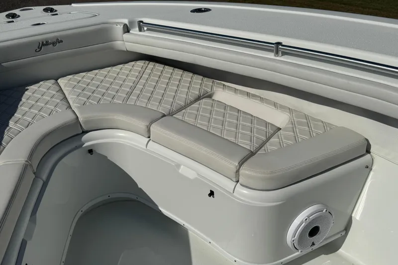  Yacht Photos Pics Luxurious seating on 2020 Yellowfin 36 Offshore boat with diamond-stitched upholstery.