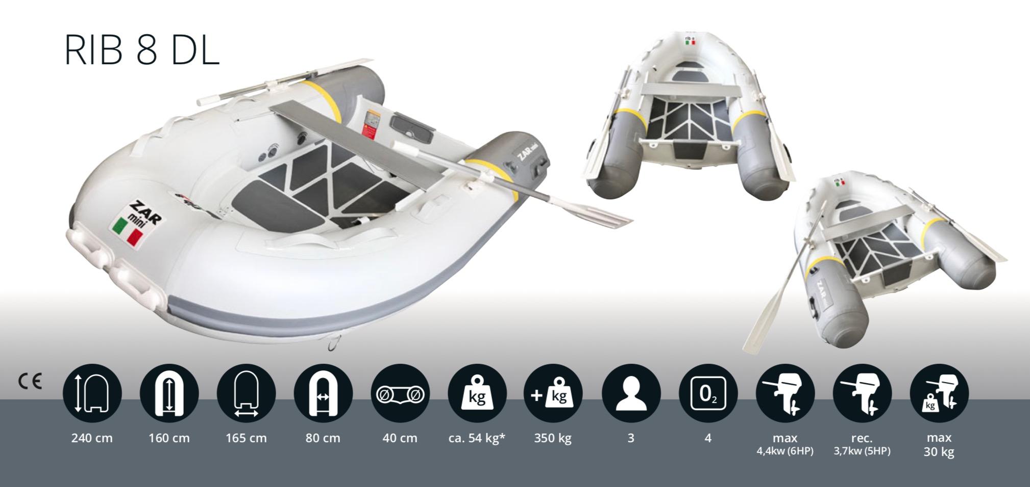 2022 ZAR Mini RIB 8 HDL inflatable boat with specifications and features.