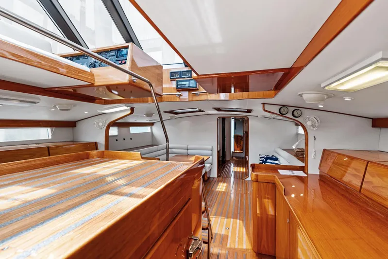 Godspeed Yacht Photos Pics Luxurious 1998 Custom Kelly Archer yacht interior with polished wood and modern design elements.