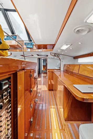 Godspeed Yacht Photos Pics Luxurious interior of 1998 Custom Kelly Archer yacht with polished wood finishes and modern amenities.