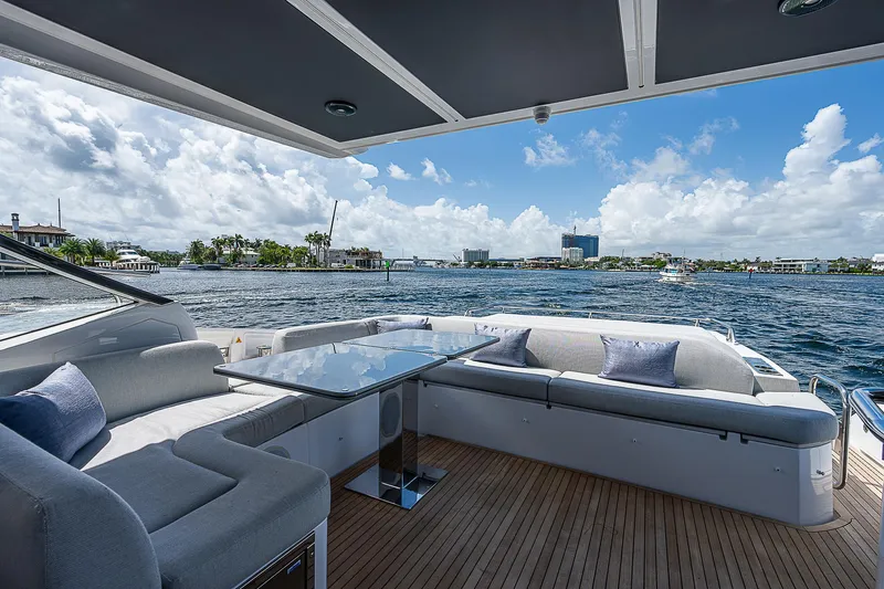  Yacht Photos Pics Luxurious 2022 Azimut S6 yacht deck with elegant seating and ocean view.