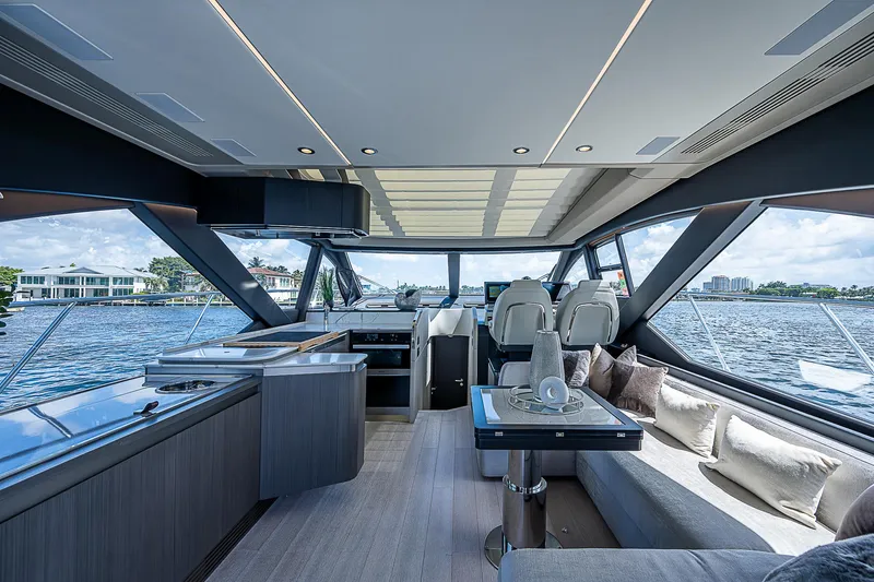  Yacht Photos Pics Luxurious interior of 2022 Azimut S6 yacht with modern design and panoramic windows.