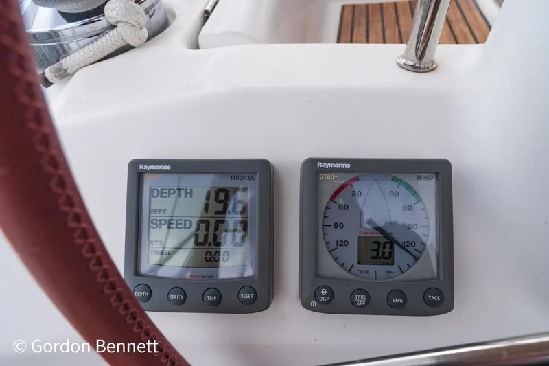 Queens Share Yacht Photos Pics Raymarine instruments on 2008 Beneteau Oceanis 43 yacht displaying depth and wind speed.