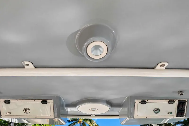  Yacht Photos Pics Ceiling view of 2017 World Cat 295 DC boat with storage compartments and light fixture.