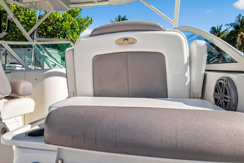  Yacht Photos Pics 2017 World Cat 295 DC boat interior with cushioned seating and speaker.