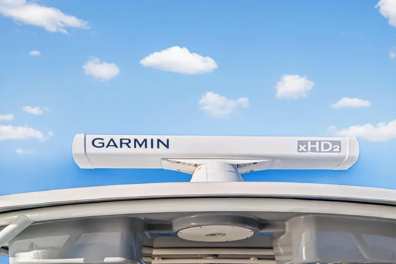  Yacht Photos Pics Garmin xHD2 radar on 2017 World Cat 295 DC boat under blue sky.