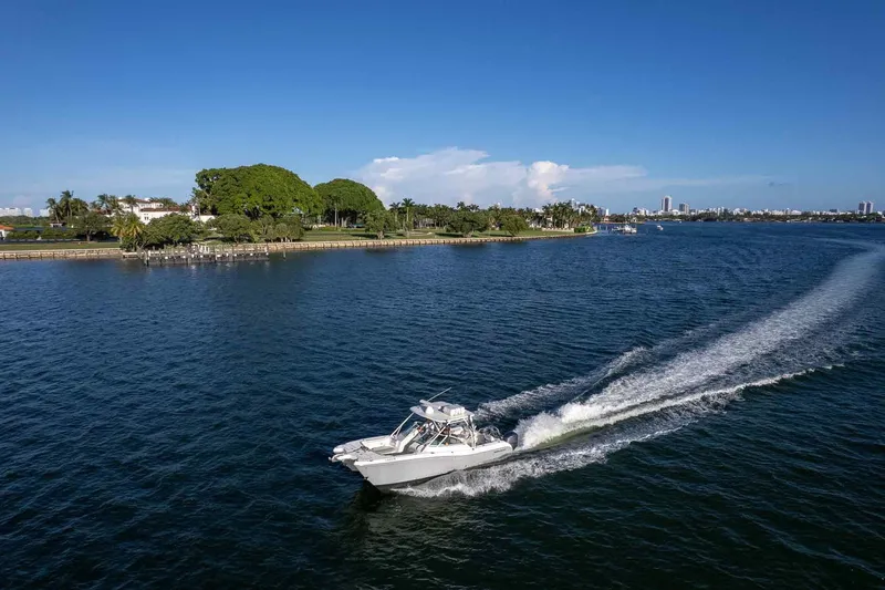  Yacht Photos Pics 2017 World Cat 295 DC cruising on a scenic waterway under a clear blue sky.