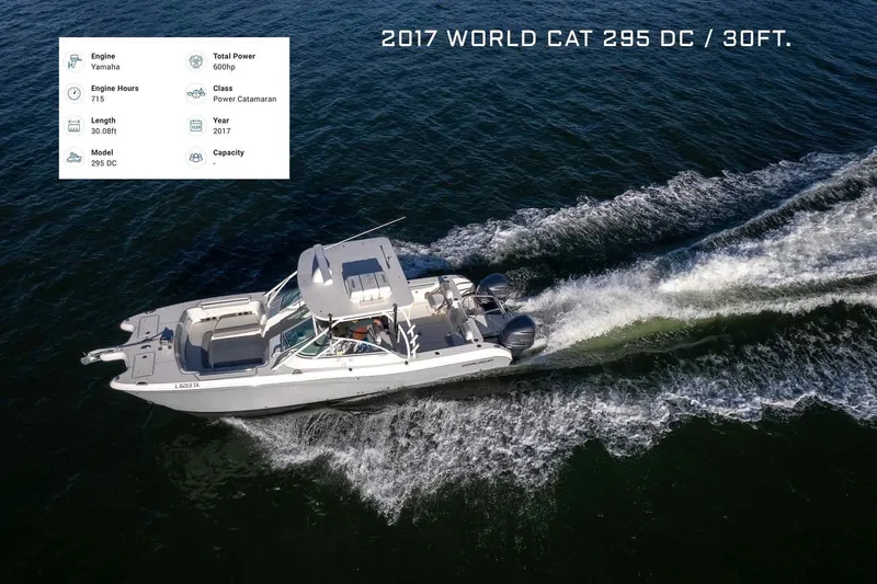  Yacht Photos Pics 2017 World Cat 295 DC power catamaran cruising on open water, 30ft length.