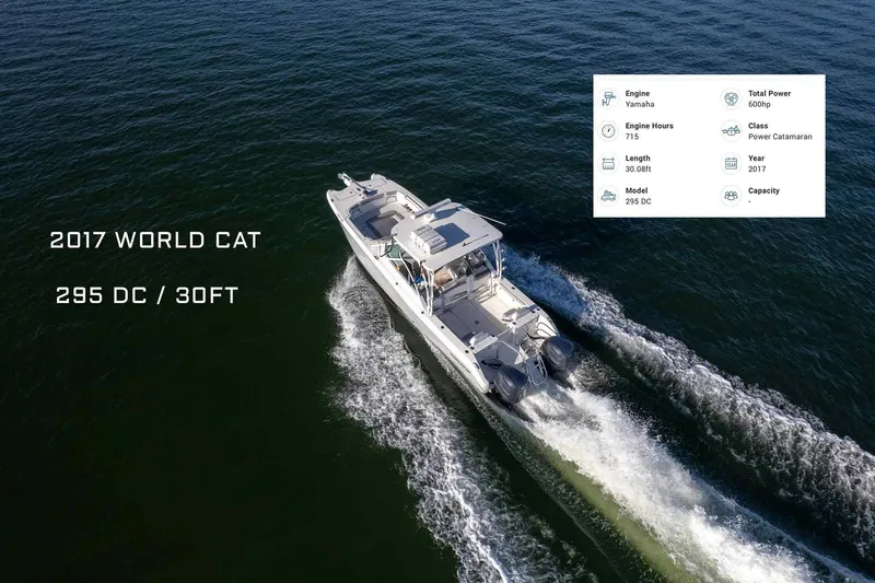  Yacht Photos Pics 2017 World Cat 295 DC power catamaran cruising on open water, aerial view.