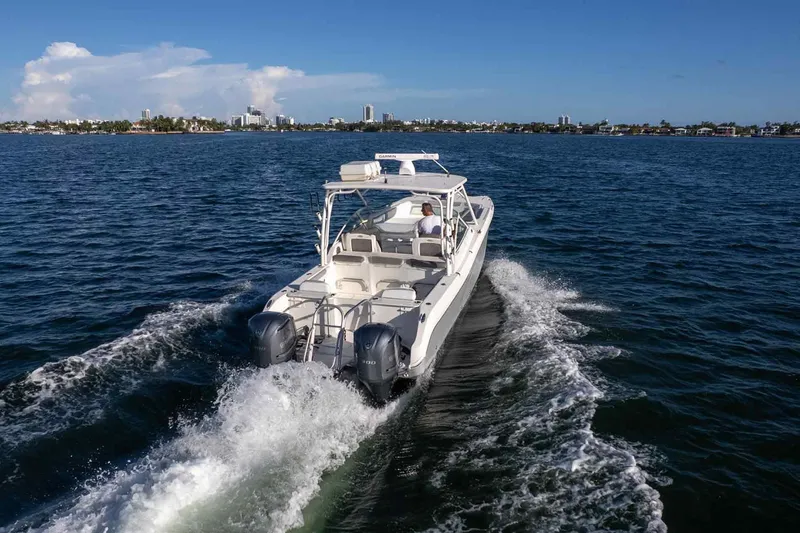  Yacht Photos Pics 2017 World Cat 295 DC cruising on open water with city skyline in background.