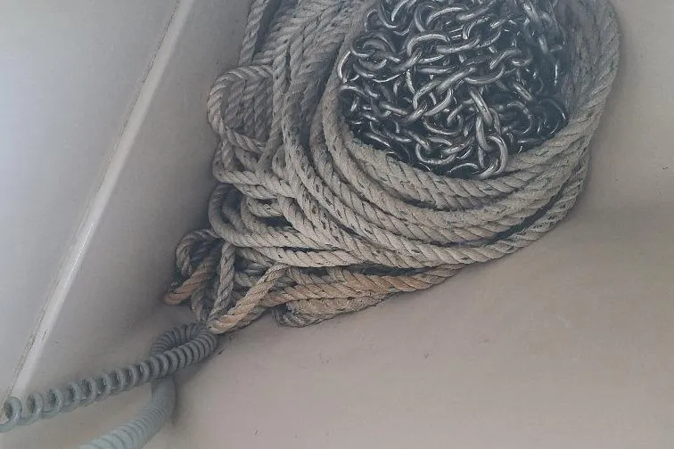 The Snapper Slapper Yacht Photos Pics Coiled rope and chain in a 2014 Boston Whaler 315 Conquest Pilothouse.