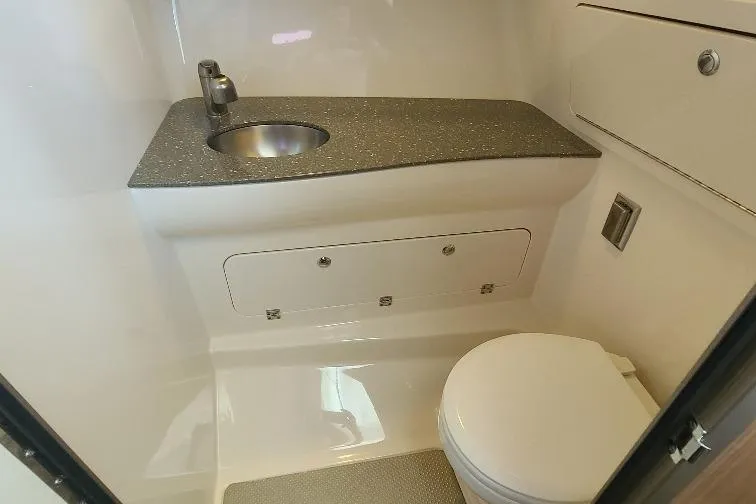 The Snapper Slapper Yacht Photos Pics 2014 Boston Whaler 315 Conquest Pilothouse bathroom with sink and toilet.