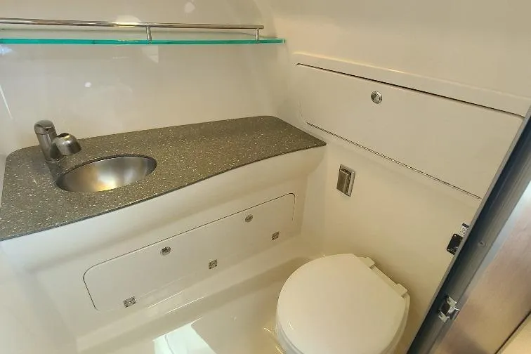 The Snapper Slapper Yacht Photos Pics 2014 Boston Whaler 315 Conquest Pilothouse bathroom with sink, toilet, and storage.