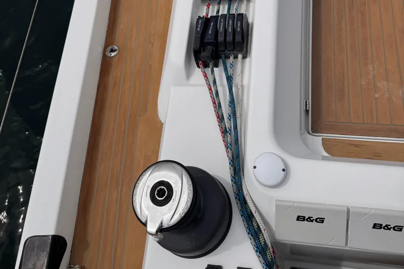 Red's Goose Yacht Photos Pics Deck of 2016 Hanse 575 yacht with winch, ropes, and B&G equipment.