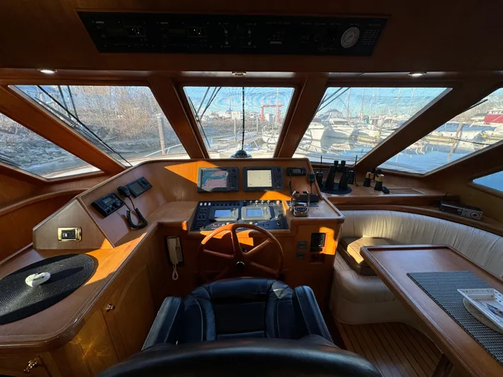 Mariner Yacht Photos Pics Luxurious 2006 President 63 Pilot House yacht interior with navigation controls and panoramic windows.