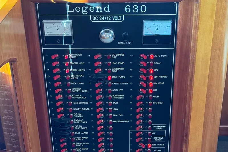 Mariner Yacht Photos Pics Electrical control panel of a 2006 President 63 Pilot House yacht, labeled "Legend 630."