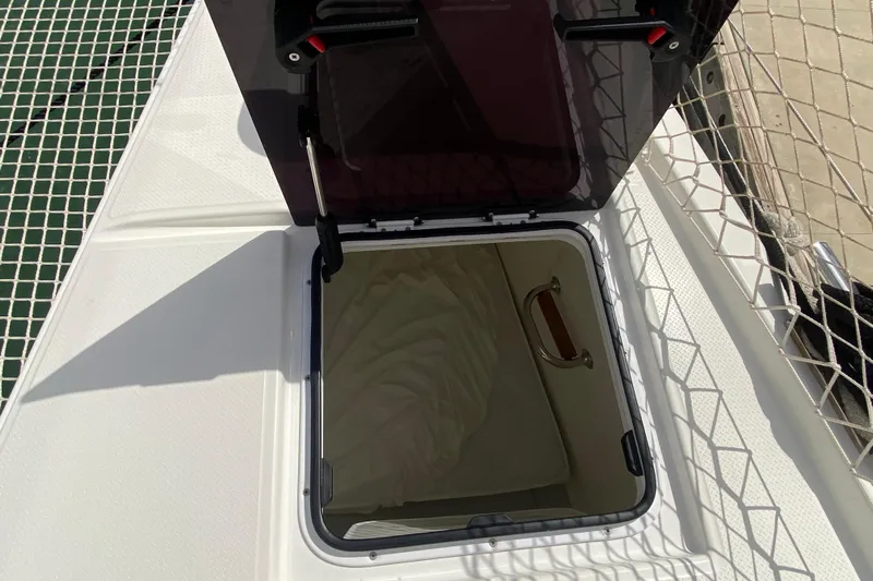  Yacht Photos Pics Open hatch on 2024 Fountaine Pajot Catamaran Aura 51 deck, showing interior access.